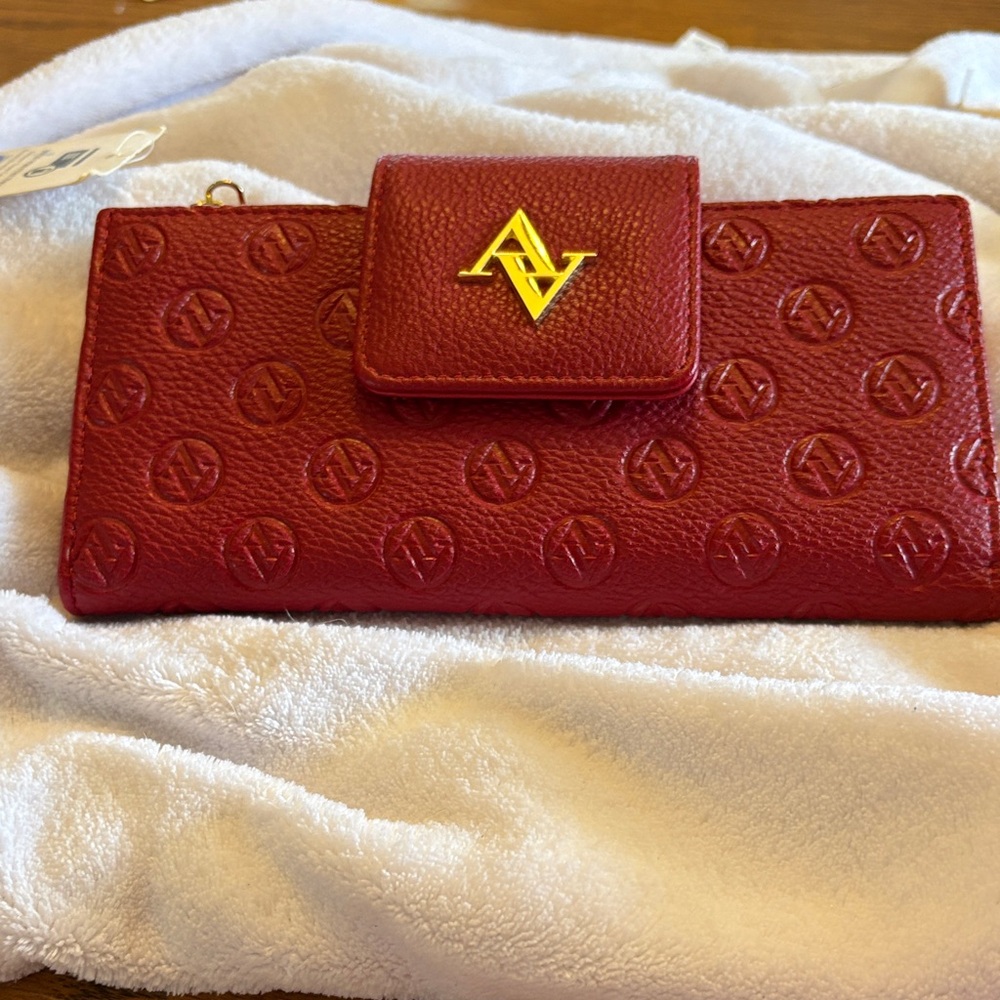 Adrienne Vittadini Red Embossed Leather Wallet with Gold AV Logo